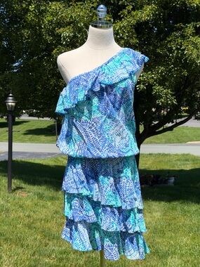 Lilly Pulitzer Peighton One Shoulder Asymmetrical Ruffle Tiered Dress Resortwear